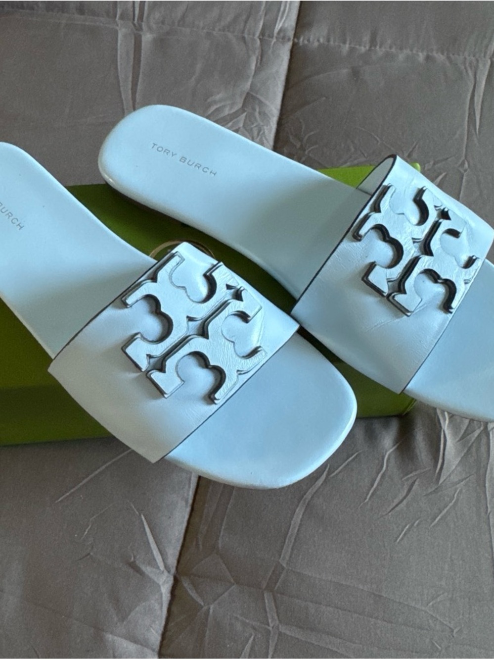 Tory Burch Light Blue Leather Logo Slide Sandals with Silver Accent
